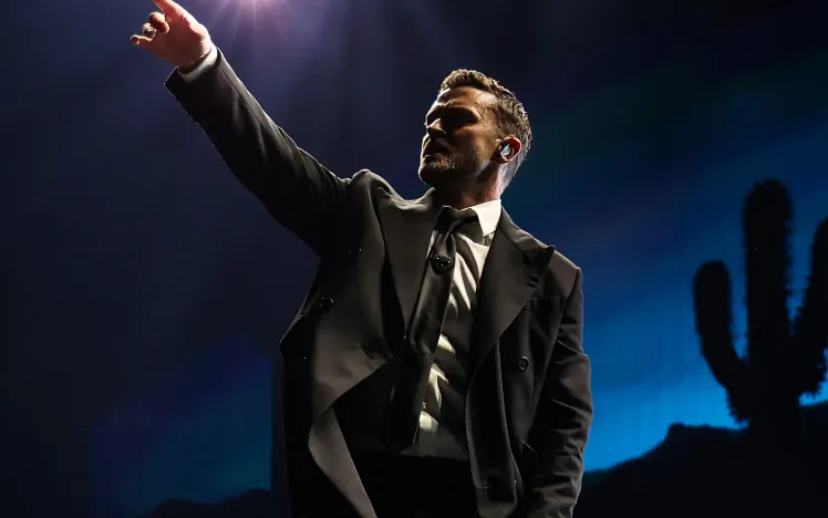 Justin Timberlake points out to the crowd.