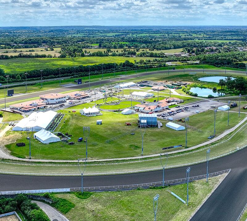 Aerial view of Chelmsford Racecourse during the day.