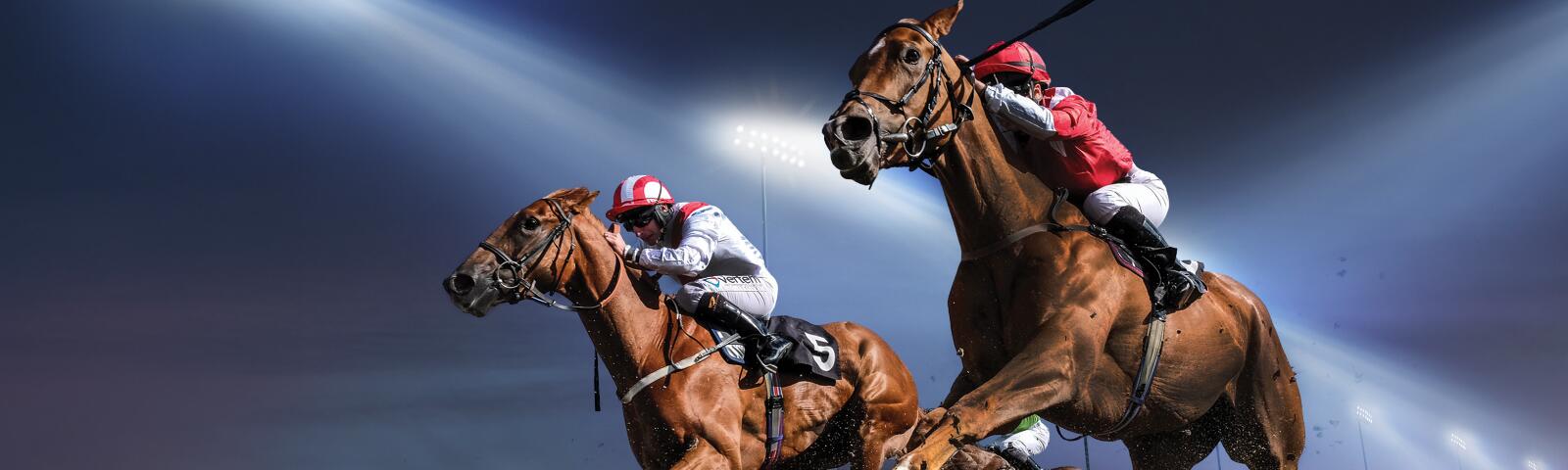 Two jockeys racing in the evening lights.