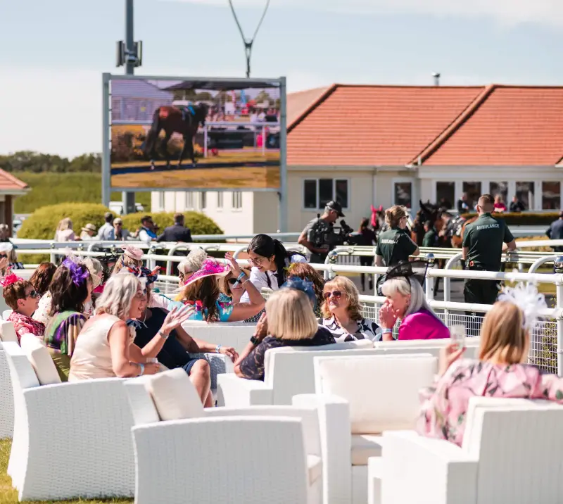 Crowds sitting in outside enclosure at Chelmsford.