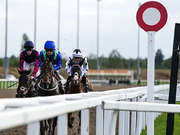 Jockeys racing towards the finish line on the all weather track at Chelmsford.