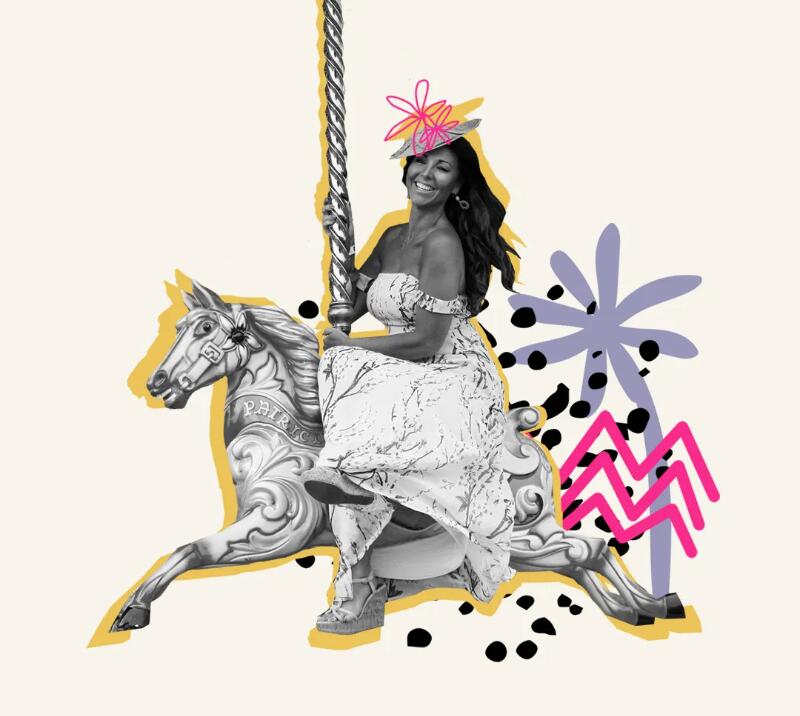 Graphic depicting a lady on a horse carnival ride.